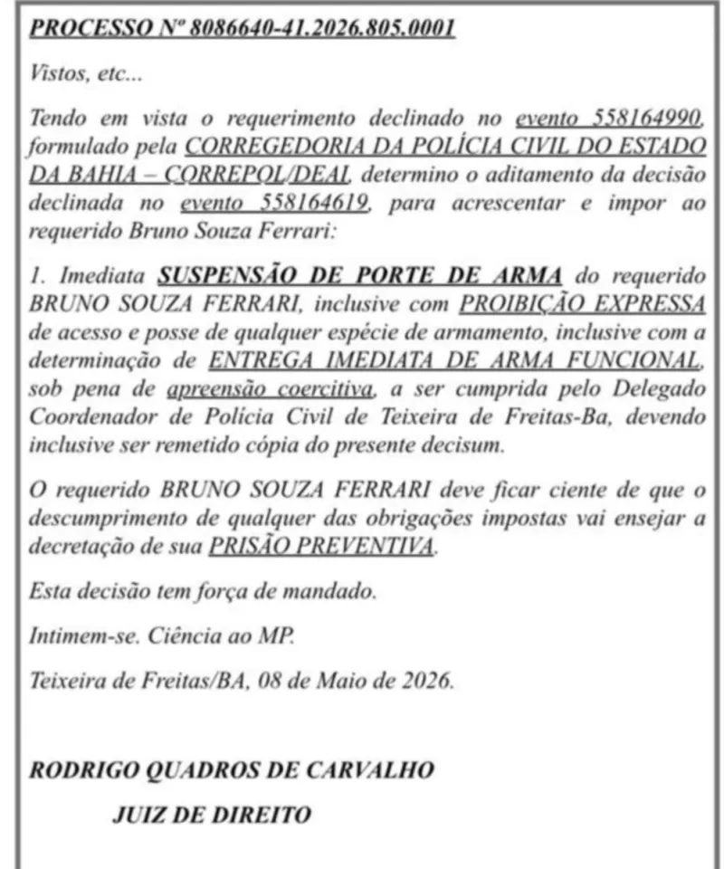 Delegado da Polícia Civil de Teixeira de Freitas, Bruno Ferrari é afastado por decisão judicial e tem arma funcional recolhida