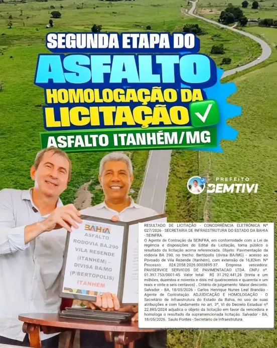 Prefeito Bemtivi comemora avanço da pavimentação entre Itanhém e Minas Gerais