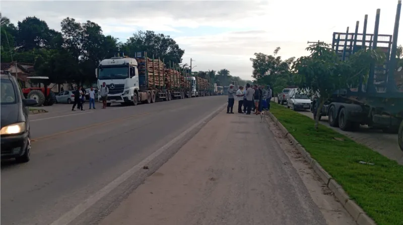 Manifestantes bloqueiam carretas da Suzano em protesto na BR-418, em Caravelas
