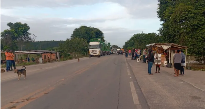 Manifestantes bloqueiam carretas da Suzano em protesto na BR-418, em Caravelas
