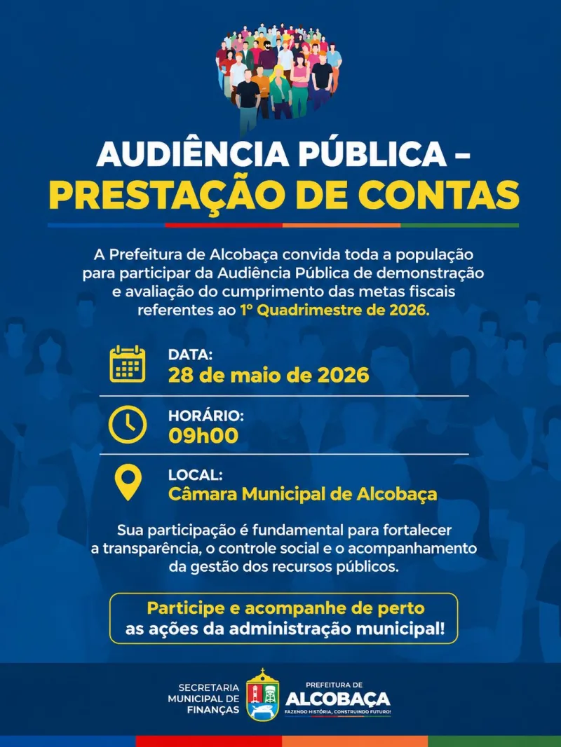 Alcobaça realizará Audiência Pública para apresentação das metas fiscais do 1º quadrimestre