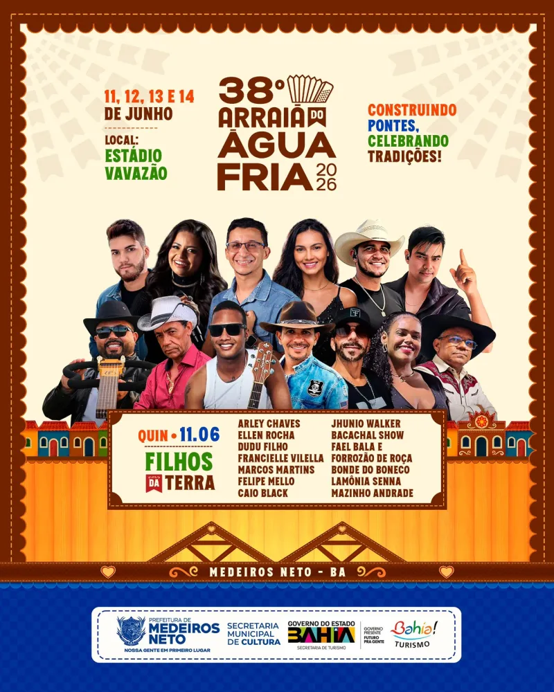 Medeiros Neto: Abertura oficial do 38º Arraiá do Água Fria acontece nesta quinta-feira (11) com shows dos Filhos da Terra 
