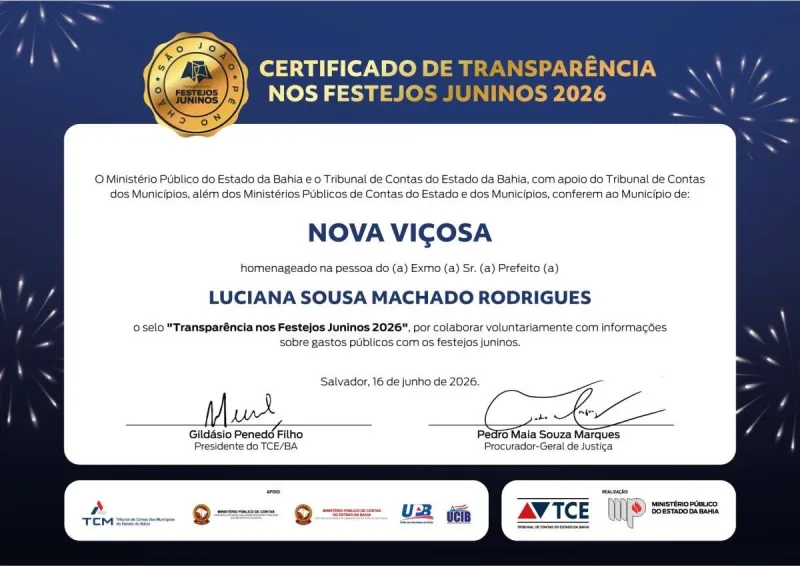 Nova Viçosa recebe Certificado de Transparência nos Festejos Juninos 2026 e reforça compromisso com gestão pública responsável Nova Viçosa recebe Certificado de Transparência nos Festejos Juninos 2026 e reforça compromisso com gestão pública responsável