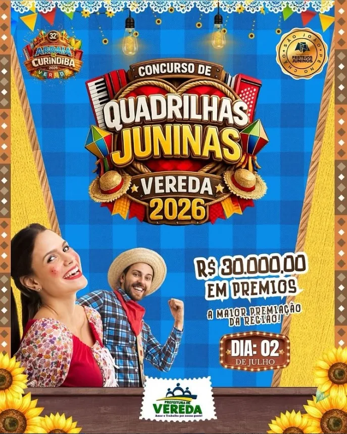 Concurso de Quadrilhas em Vereda terá R$ 30 mil em premiações no Arraiá da Curindiba 2026