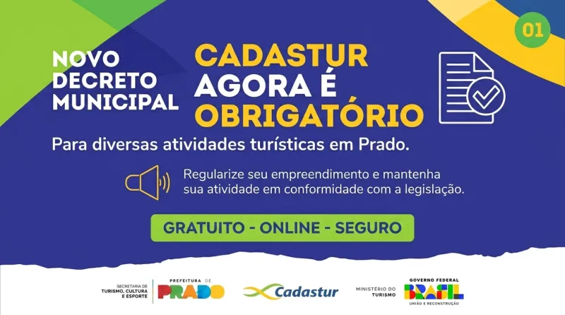 Prefeitura de Prado torna CADASTUR obrigatório e condiciona emissão de alvarás à regularização
