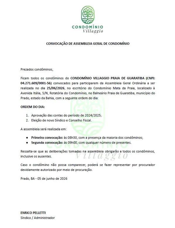 Condôminos são convocados para Assembleia Geral Ordinária em Praia de Guaratiba