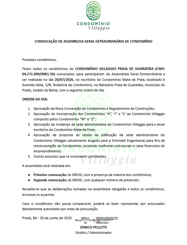 Condomínio Villaggio convoca assembleia para discutir mudanças e projetos em Prado Condomínio Villaggio convoca assembleia para discutir mudanças e projetos em Prado