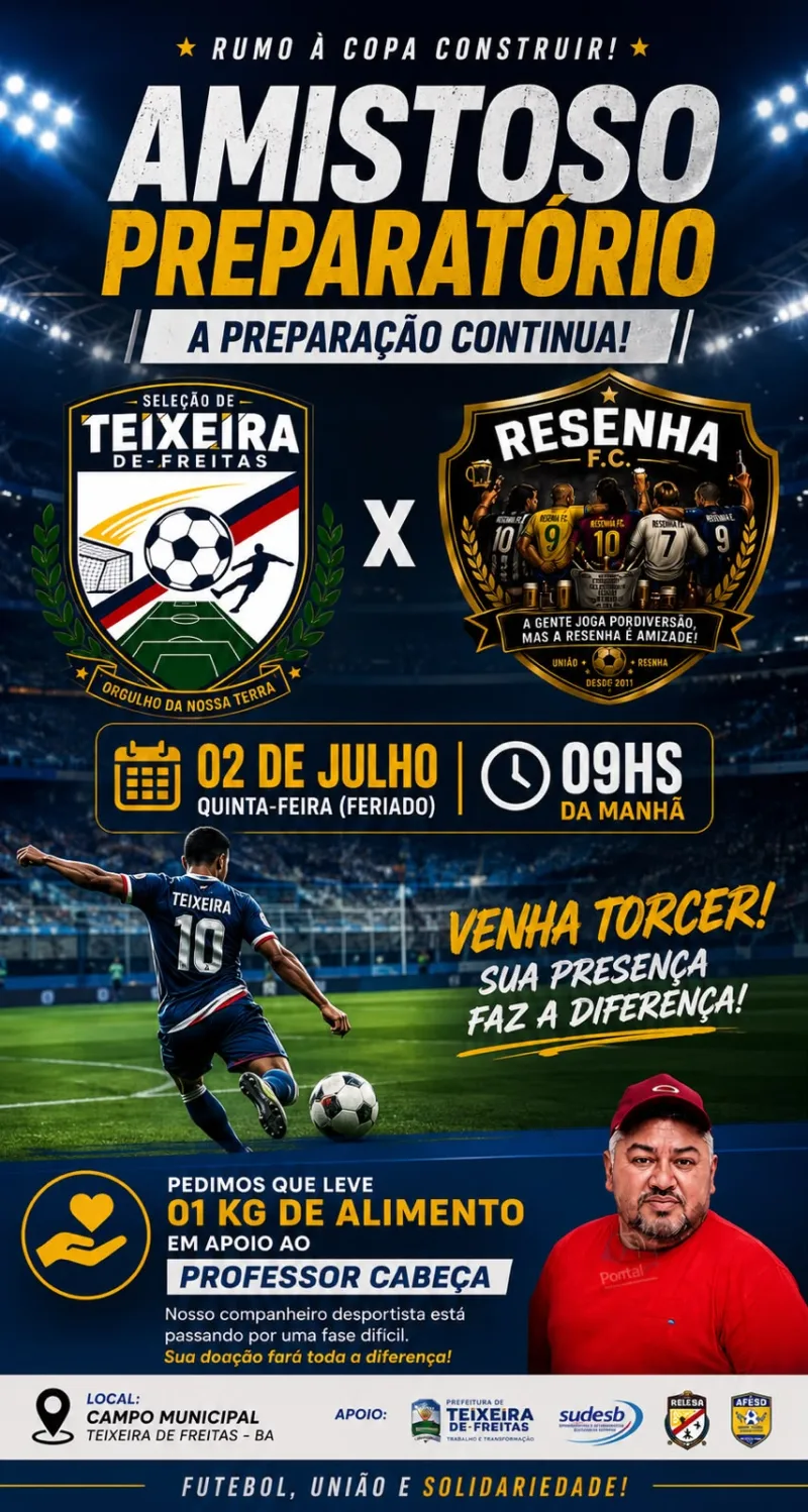 Seleção de Teixeira faz amistoso nesta quinta-feira com entrada solidária em apoio ao Professor Cabeça