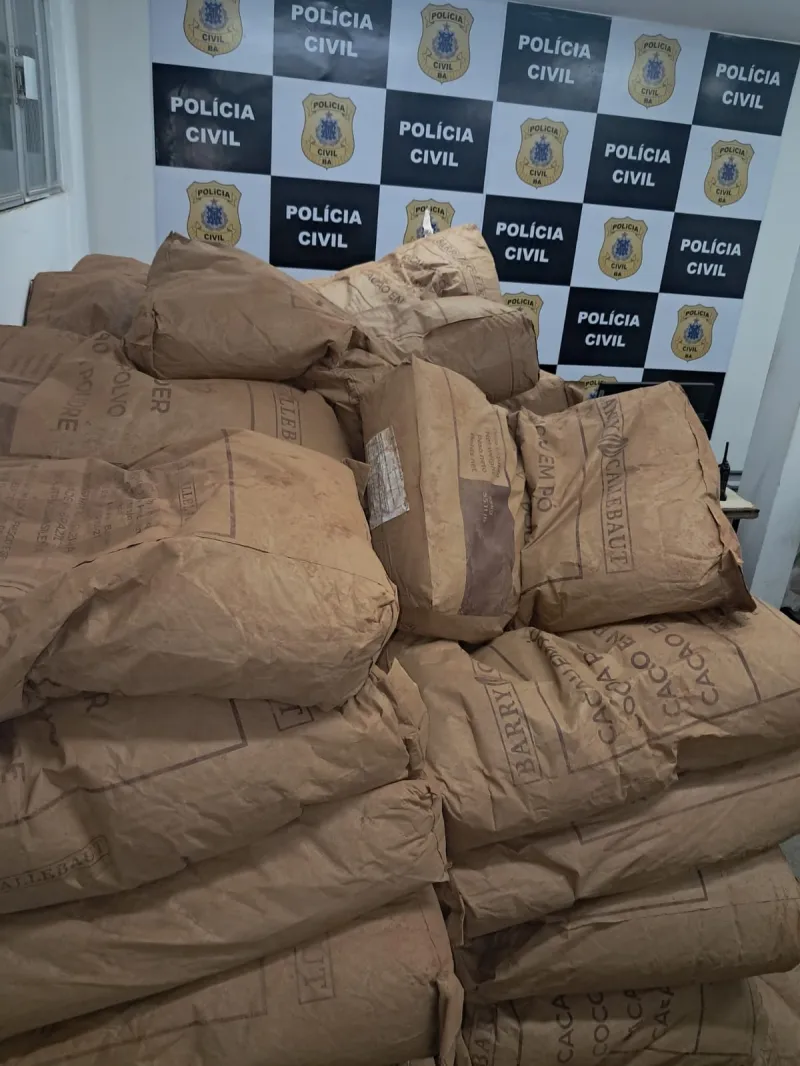 Polícia Civil recupera mais de 2,8 toneladas de pó de cacau subtraídas de caminhão envolvido em acidente de trânsito