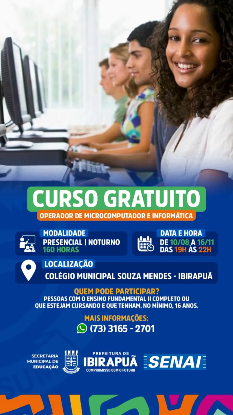 Prefeitura de Ibirapuã inscreve para curso gratuito de Operador de Microcomputador e Informática