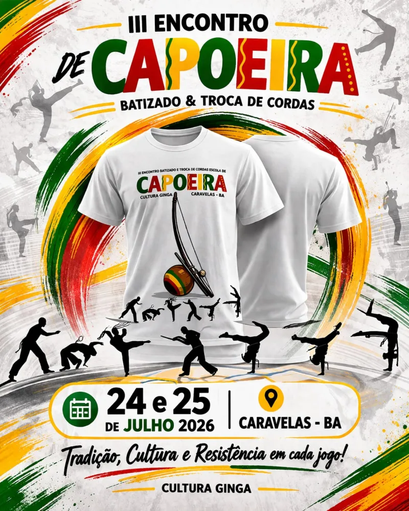 Caravelas sediará III Encontro Nacional de Batizado e Troca de Cordas da Escola de Capoeira Cultura Ginga