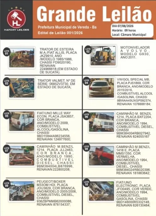 Prefeitura de Vereda realiza leilão de veículos e máquinas com lances a partir de R$ 500 Prefeitura de Vereda realiza leilão de veículos e máquinas com lances a partir de R$ 500