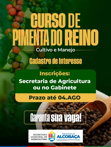 Prefeitura de Alcobaça abre inscrições para curso gratuito de cultivo e manejo da pimenta-do-reino Prefeitura de Alcobaça abre inscrições para curso gratuito de cultivo e manejo da pimenta-do-reino