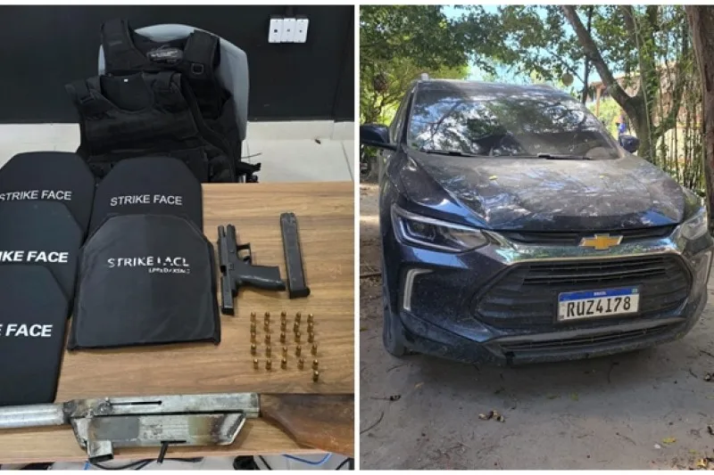 Pistola, submetralhadora e coletes balísticos são encontrados em carro roubado em Porto Seguro
