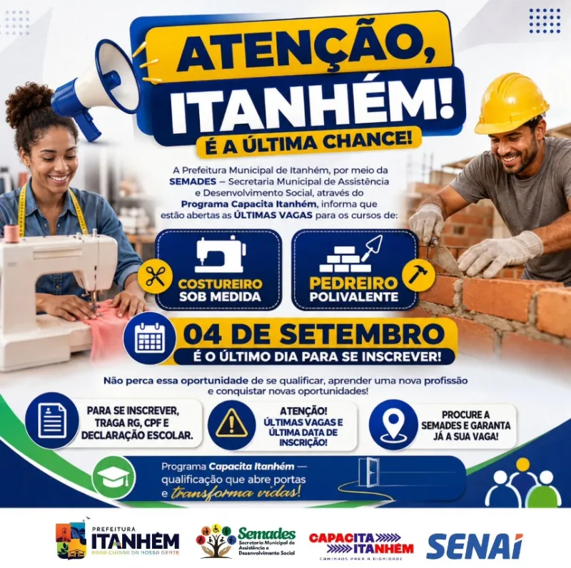 Moradores de Itanhém têm até 4 de setembro para se inscrever em cursos profissionalizantes Mais chamativos