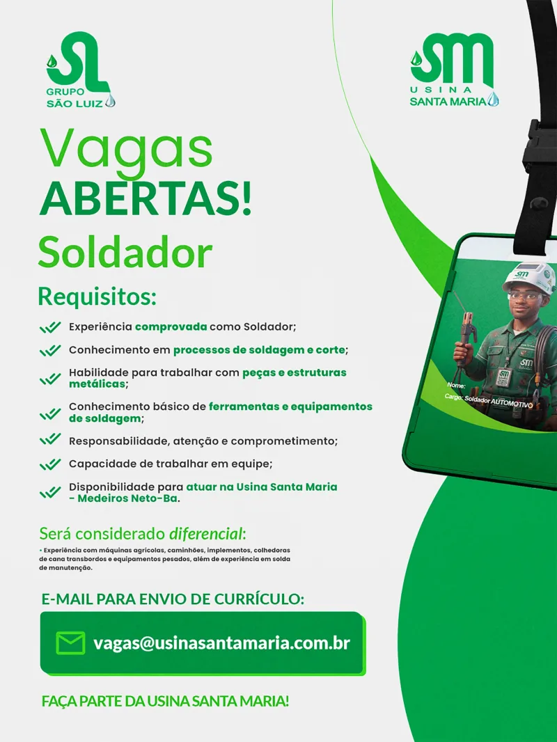 Usina Santa Maria abre várias vagas de emprego em Medeiros Neto