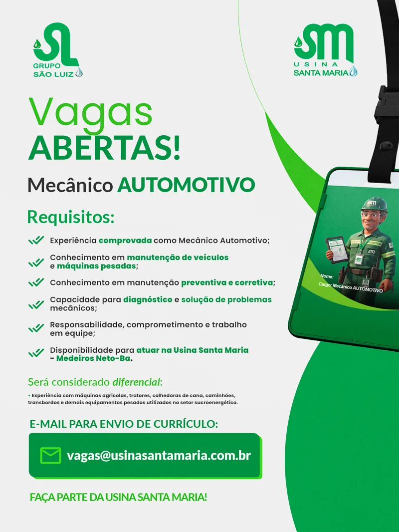 Usina Santa Maria abre várias vagas de emprego em Medeiros Neto