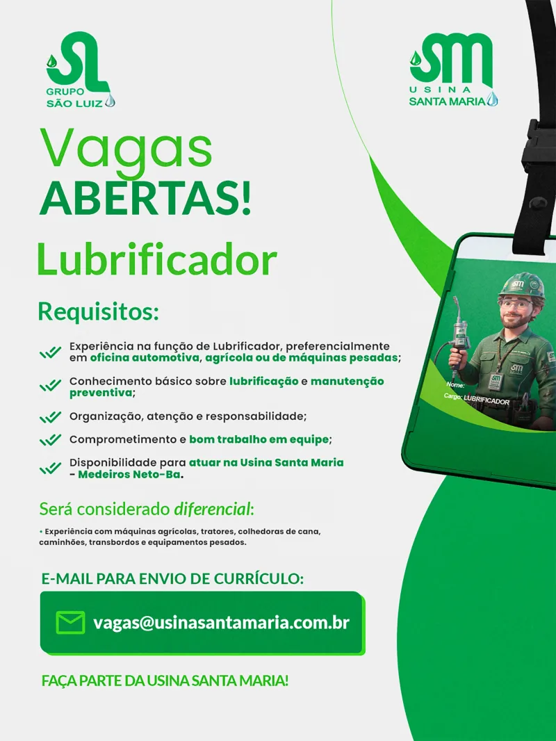 Usina Santa Maria abre várias vagas de emprego em Medeiros Neto
