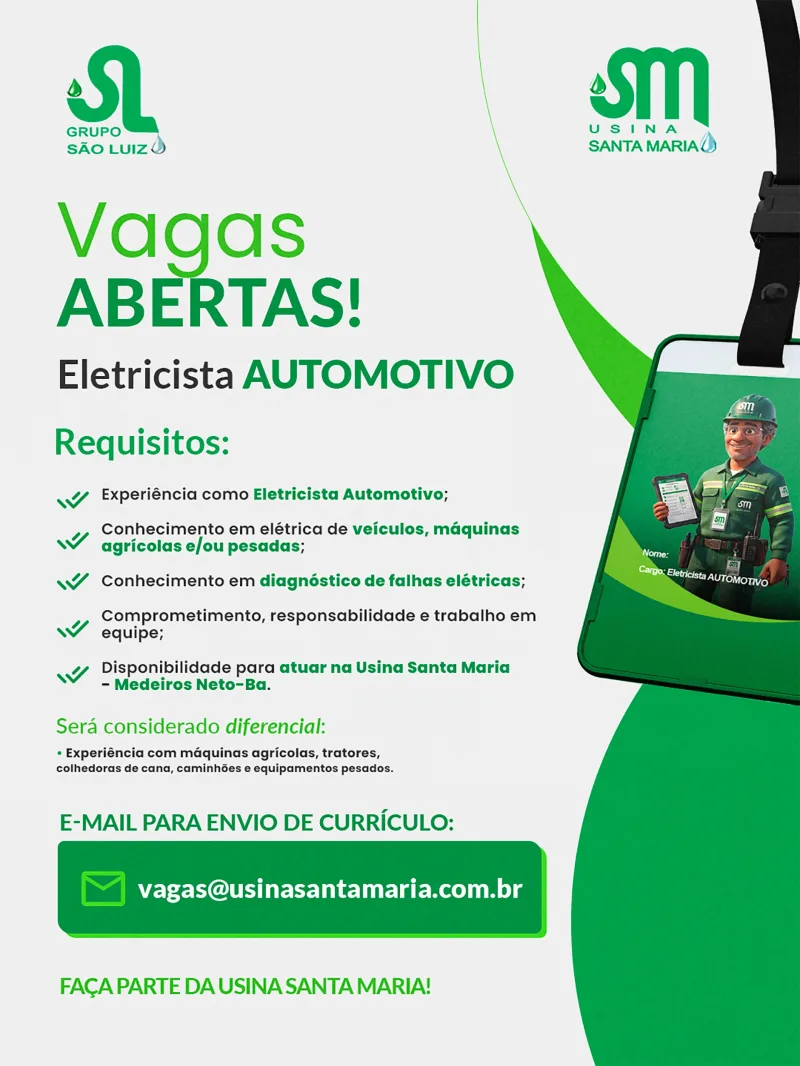 Usina Santa Maria abre várias vagas de emprego em Medeiros Neto