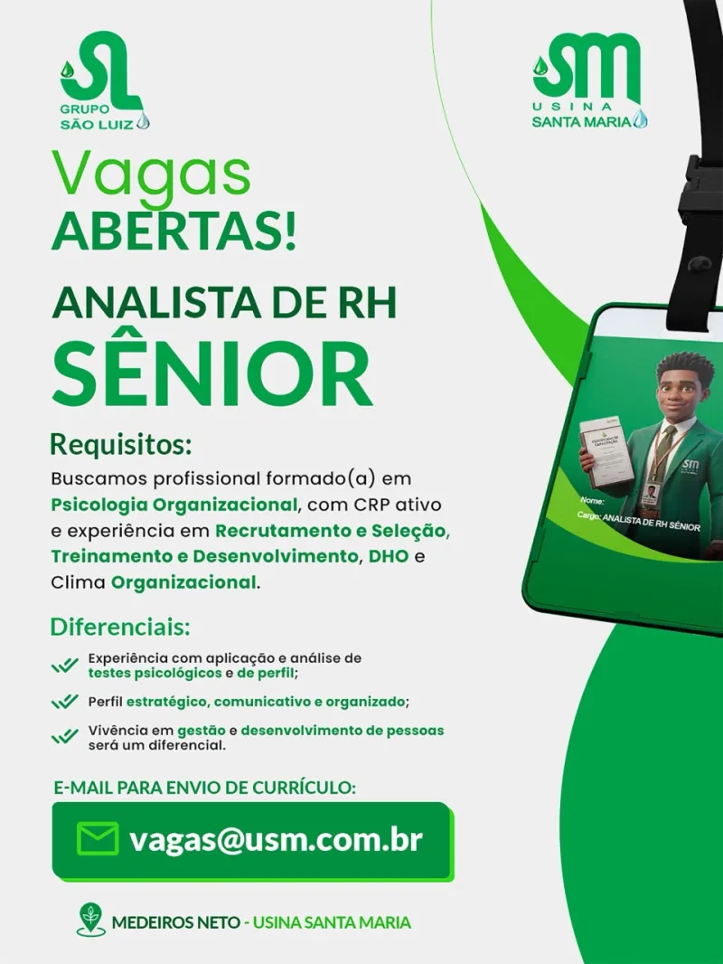 Usina Santa Maria abre vaga para Analista de RH Sênior em Medeiros Neto