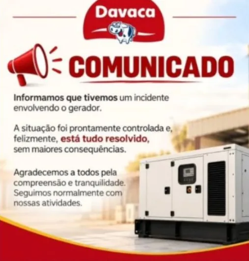 Após incidente com gerador, Laticínios Davaca informa que unidade segue funcionando normalmente