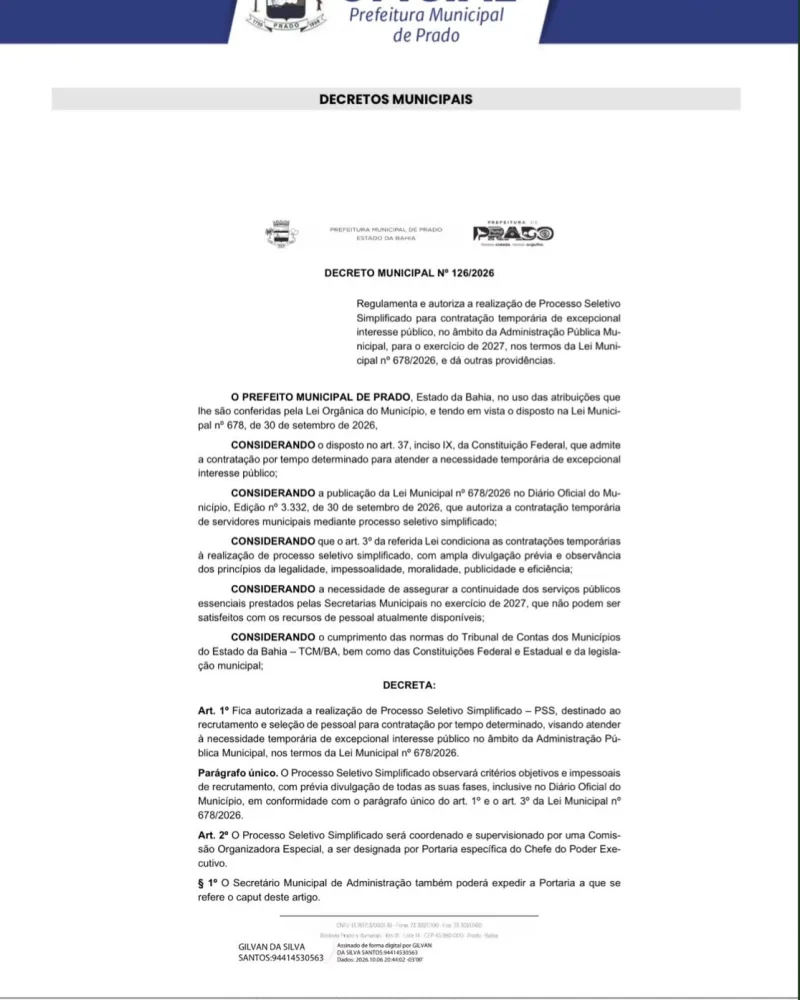 Prefeitura de Prado publica decreto e regulamenta novo processo seletivo para 2027