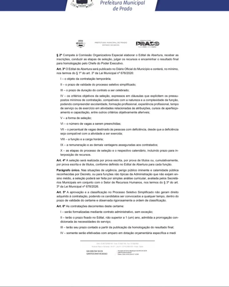 Prefeitura de Prado publica decreto e regulamenta novo processo seletivo para 2027