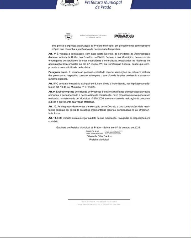 Prefeitura de Prado publica decreto e regulamenta novo processo seletivo para 2027