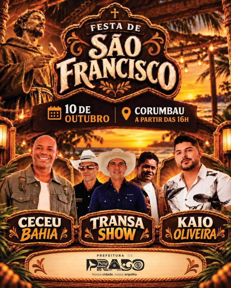 Festa de São Francisco terá programação religiosa e shows musicais em Corumbau, Prado