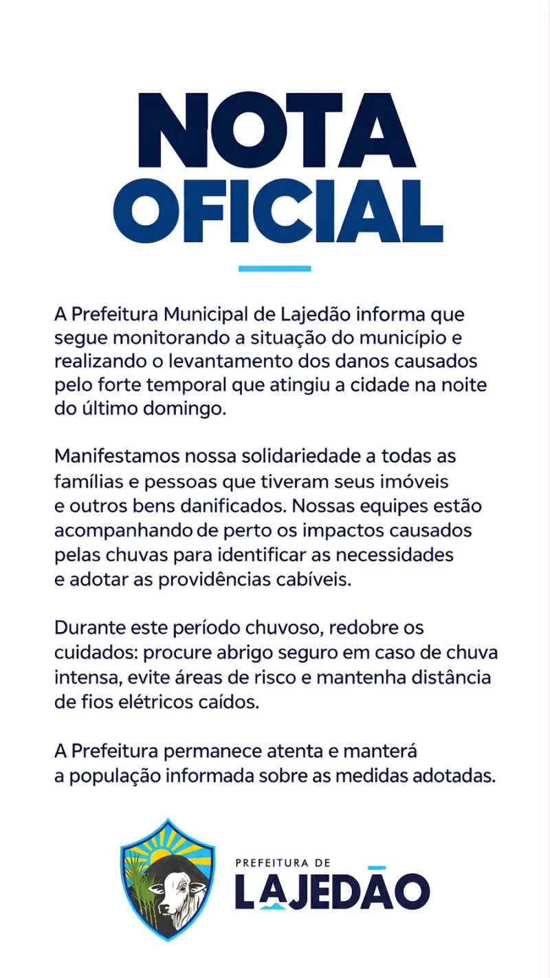 Forte temporal atinge Lajedão, e Prefeitura inicia levantamento dos prejuízos