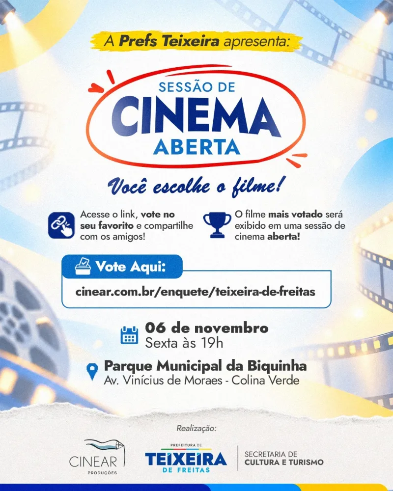Teixeira de Freitas promove sessão de cinema gratuita no Parque Municipal da Biquinha