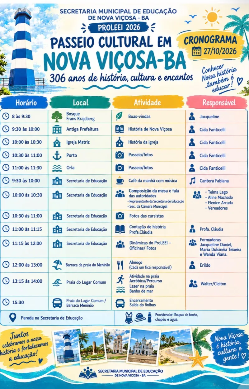Bosque, igreja, farol e praia: ProLEEI prepara roteiro cultural para educadores no dia 27 de outubro em Nova Viçosa Bosque, igreja, farol e praia: ProLEEI prepara roteiro cultural para educadores no dia 27 de outubro em Nova Viçosa