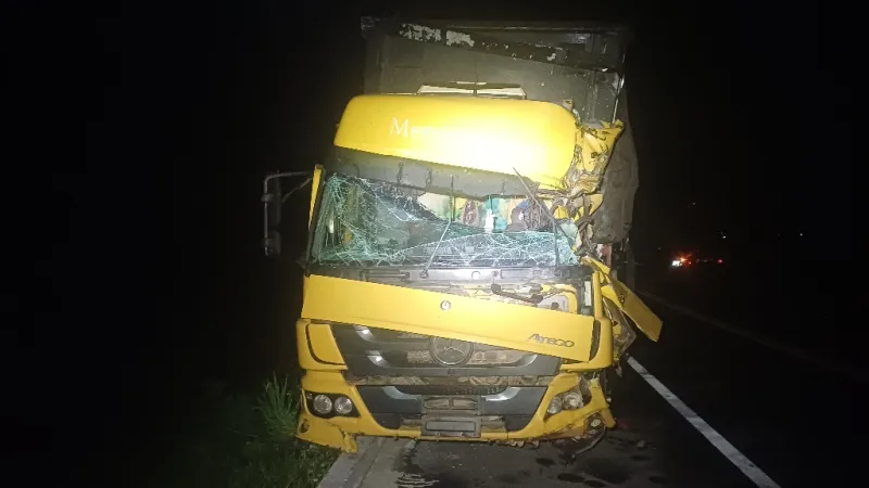 Colisão frontal entre dois caminhões deixa motorista ferido na BR-101, em Vereda
