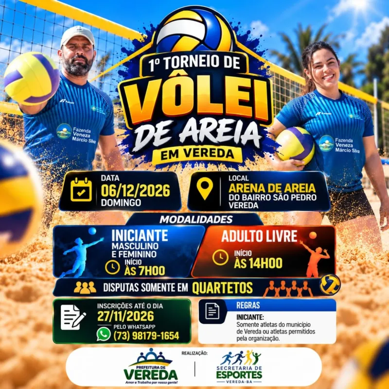 Vereda realiza 1º Torneio de Vôlei de Areia em dezembro; inscrições seguem até 27 de novembro Vereda realiza 1º Torneio de Vôlei de Areia em dezembro; inscrições seguem até 27 de novembro