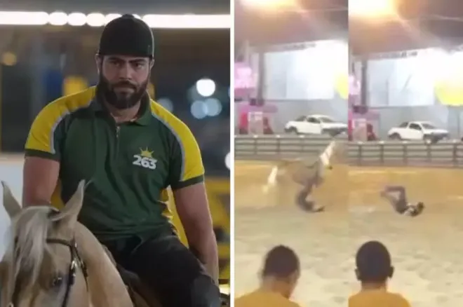 Cantor Henrique, da dupla com Juliano, sofre queda de cavalo durante vaquejada