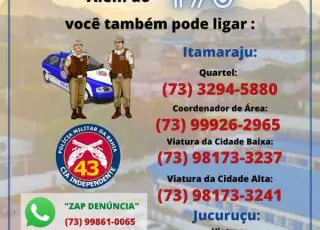 43ª CIPM/Itamaraju disponibiliza outros números de telefonia para atendimento da população, além do 190