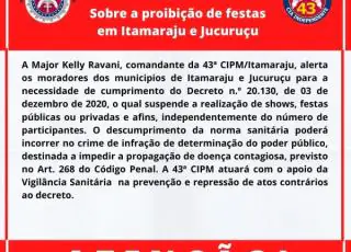 43ª CIPM vai intensificar a fiscalização em cumprimento do decreto estadual que suspende a realização de festas.