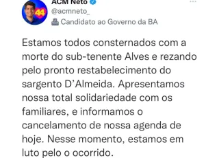 ACM Neto cancela agenda de campanha nesta quarta (28) após dois policiais que faziam sua segurança serem baleados. Um morreu