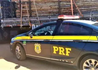 Após abordagem, PRFs descobrem que caminhão carregado com toras de eucalipto possuía ocorrência de roubo