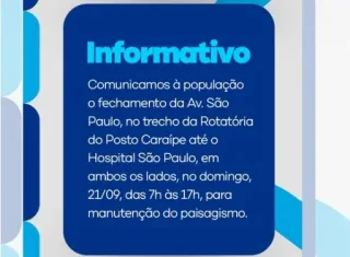 Avenida São Paulo será interditada neste domingo para manutenção do paisagismo, em Teixeira de Freitas