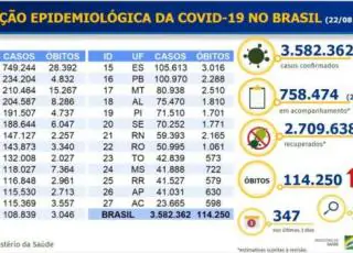 Brasil chega a 3,58 milhões de casos e 114,25 mil mortes por covid-19