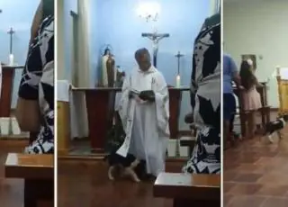 Cachorro brinca com padre durante missa e diverte público; Veja o vídeo