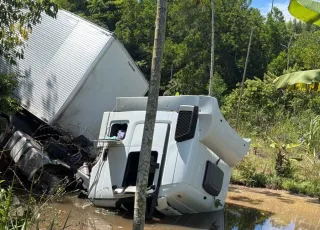 Caminhão carregado de móveis sai da pista e deixa motorista ferido em Nova Viçosa