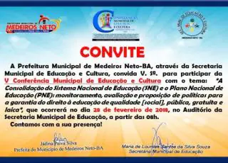 Convite: Vem aí a V Conferência Municipal de Educação e Cultura de Medeiros Neto; Participe!