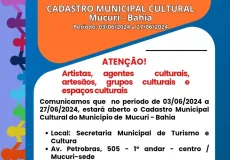 Estará aberto em JUNHO para artistas e profissionais da arte o Cadastro Municipal Cultural de Mucuri