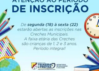 Inscrições em creches municipais começam na próxima segunda-feira (18)