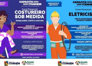 Itanhém abre inscrições para cursos profissionalizantes gratuitos de costureiro e eletricista