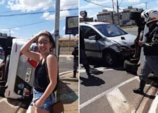Recém habilitada bate em viatura da PM e reage com humor