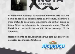 JUCURUÇU: Prefeito Lili emite nota de pesar pelo assassinato de “Brunão Eletricista” e diz acreditar na Justiça.