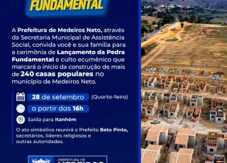 Lançamento de Pedra Fundamental marca início da construção de casas populares nesta quarta (28) em Medeiros Neto